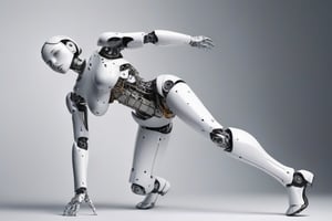 The right side of a very beautiful robot lady is falling apart and falling to the ground. Very beautiful and detailed picture.