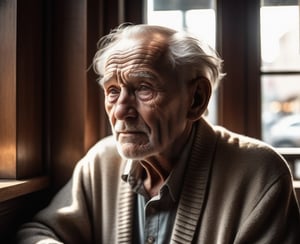 Natural light spills in through the window that enters the luxury cafe. The light falling on the old man's face emphasizes the details brought by age