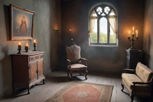 In a castle room from the 17th century, old furniture is on an old carpet, A sofa from the 17th century, an armchair, a small cabinet, a bookshelf and old oil paintings hanging on the wall.candles are burning, there is a slight darkness, A lady Standing in front of the window in the room , looking  at the garden 17th century dressbut. the sunlight is filtering through the glass, it is a very beautiful room.