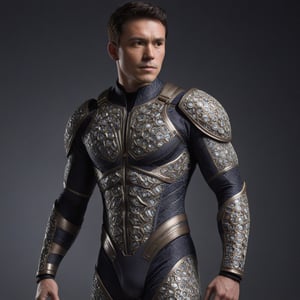 The suit itself is a marvel of genetic integration, tailored to enhance the warrior's physical abilities and provide an impenetrable layer of protection. Its surface is adorned with intricate patterns resembling a molecular helix, paying homage to the very genetic enhancements that define the warrior.