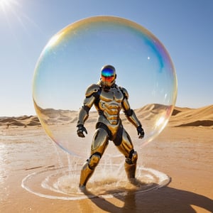You are faced with an event that suddenly appears on the hot sands in the middle of the desert. Giant water bubbles, mysteriously formed, were slowly falling from the sky. Each bubble sparkled in a thin layer of water and reflected the golden sunlight, creating a riot of colors. A young warrior dressed in an advanced suit made of carbon fiber, a marvel of modern technology, emerges.