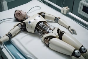 The man lies on his back on the operating table. It was covered with white sterile drapes. His body is equipped with robotic arms and legs.
The robotic limbs on its arms are depicted with delicate details and metallic tones. Perhaps these robotic arms are adorned with a complex array of buttons, sensors, and lights. Their legs have been replaced by exquisitely designed legs that mimic the human form but feature a metallic texture and robotic joint detail.