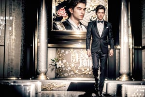 High definition, no floating objects,Suit,  one  Chinese man,full body,Background:  A luxurious mansion with luxurious decoration
Body type: tall and symmetrical.
Appearance: Handsome and cold
Clothing: Business attire, showcasing the image of successful individuals.
Hairstyle: Neat and short hair, highlighting a sense of dryness.