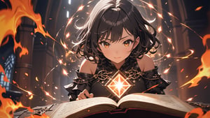 (masterpiece, top quality, best quality, official art, beautiful and aesthetic:1.2), (a glowing magic array depicted on the pages of the book:1.4), radiating fire energy and fire power. A witch, (dimly lit workshop:1.2). (1girl:1.4), portrait, extreme detailed, highest detailed, simple background, 16k, high resolution, perfect dynamic composition, (sharp focus:1.2), super wide angle, high angle, high color contrast, medium shot, depth of field, blurry background,