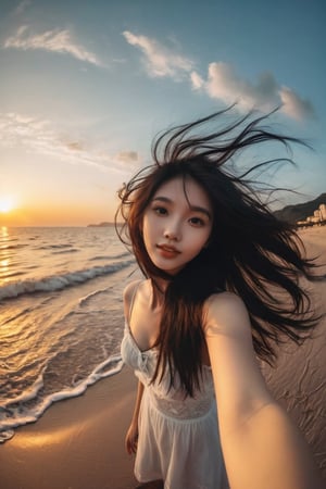 fair skin girl takes a fisheye selfie on a beach at sunset, black hong hairs, the wind blowing through her messy hair. The sea stretches out behind her, creating a stunning aesthetic and atmosphere with a rating of 1.2