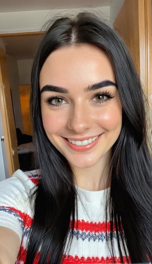 young woman with a perfect face, woman with Norwegian features, Norwegian woman, smiles for realistic photography, woman poses for a photograph, selfie, full body selfie, black hairs, dense black eyebrows