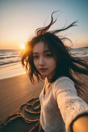 xxmix_girl,a woman takes a fisheye selfie on a beach at sunset, the wind blowing through her messy hair. The sea stretches out behind her, creating a stunning aesthetic and atmosphere with a rating of 1.2