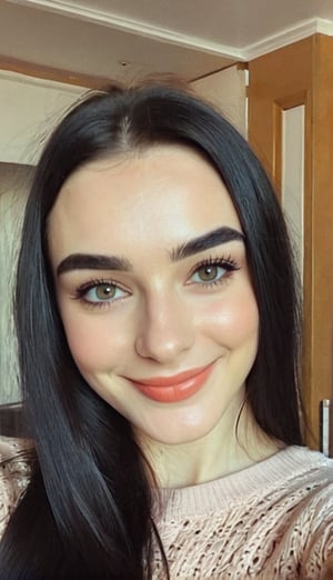 young woman with a perfect face, woman with russian features, russian woman, smiles for realistic photography, woman poses for a photograph, selfie, full body selfie, black hairs, dense black eyebrows , looking at the viewer with straight face