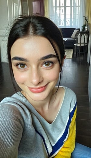 young woman with a perfect face, indian woman with russian face features, smiles for realistic photography, woman poses for a photograph, selfie, full body selfie, black hairs, dense black eyebrows , looking at the viewer with straight face,dasha_taran