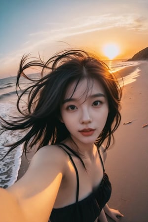 fair skin girl takes a fisheye selfie on a beach at sunset, black hong hairs, the wind blowing through her messy hair. The sea stretches out behind her, creating a stunning aesthetic and atmosphere with a rating of 1.2