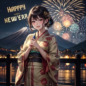 1boy, 1girl, japanese, yukata, mountain fuji, midnight, New Year's Ball Drop, firework, ultrarealistic, 5_fingered, BREAK (holding a legible and perfectly typed ("HAPPY NEW YEAR 2024":1.4) large sign)