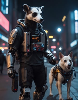 Closeup photo of a cyberpunk badger in night city holding a walkie-talkie and walking a (((robotic dog)))