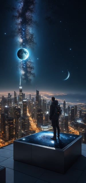 high res, photograph, photorealistic, hyperealistic, hyperealistic, 4k, 8k, nikon, standing on the roof of a skyscraper in the future, starting into night sky, stars, planets, nebulae, 2 moons 