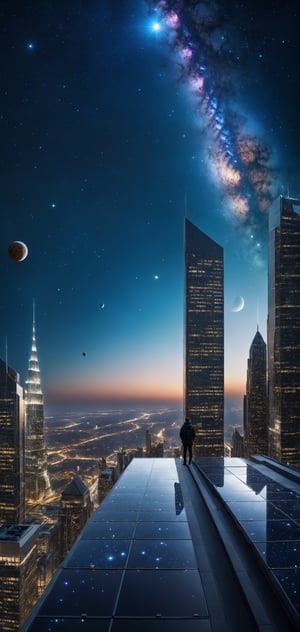 high res, photograph, photorealistic, hyperealistic, hyperealistic, 4k, 8k, nikon, standing on the roof of a skyscraper in the future, starting into night sky, stars, planets, nebulae, 2 moons 