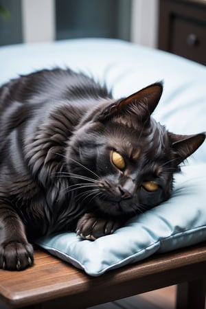 a cute black cat, sleeping, laying on pillow on top of table, zoomed out