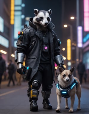 Closeup photo of a cyberpunk badger in night city holding a walkie-talkie and walking a robotic dog