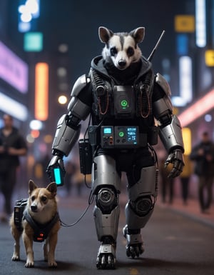 Closeup photo of a cyberpunk badger in night city holding a walkie-talkie and walking a (((robotic dog)))