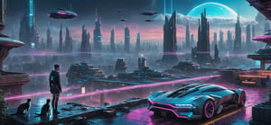 photograph, photorealistic, ultrarealistic, 8k, high res, masterpiece, cyberpunk city far in the future, grungy elements, people in high tech clothes, flying cars, neon lights, cat laying on a rooftop