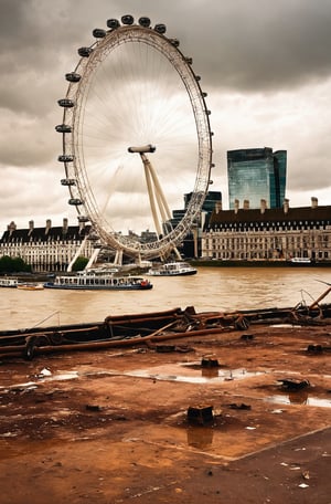 post apocalyptic London, London eye, broken, rusted, dilapidated buildings, Thames dried up,