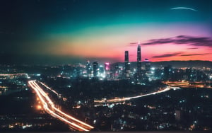 RAW photograph, shot with Canon6D Mark 2, 50mm Nikon, photorealistic, ultrarealistic masterpiece, high contrast, high resolution, best quality, hyperealistic

shot of a futuristic city skyline at night, [motion blur], neon lighting, starry clear night