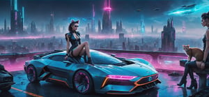 photograph, photorealistic, ultrarealistic, 8k, high res, masterpiece, cyberpunk city far in the future, grungy elements, people in high tech clothes, flying cars, neon lights, [cat laying on a rooftop], sexy woman leaning on car