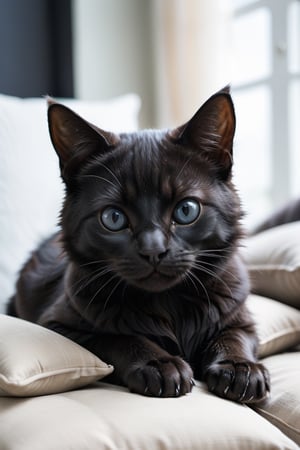 a cute black cat, looking_at_camera, laying on pillow