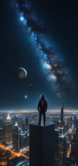 high res, photograph, photorealistic, hyperealistic, hyperealistic, 4k, 8k, nikon, standing on the roof of a skyscraper in the future, starting into night sky, stars, planets, nebulae, 2 moons 