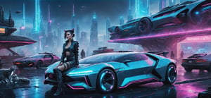 photograph, photorealistic, ultrarealistic, 8k, high res, masterpiece, cyberpunk city far in the future, grungy elements, people in high tech clothes, flying cars, neon lights, [cat laying on a rooftop], sexy woman leaning on car