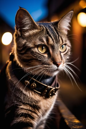 RAW photograph, shot with Canon6D Mark 2, 50mm Nikon, photorealistic, ultrarealistic masterpiece, highly detailed face and skin texture, realistic skin, high contrast, high resolution, evening lighting, mood lighting, best quality

cat wandering through an old steam punk city