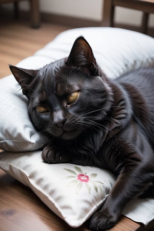 a cute black cat, sleeping, eyes closed, laying on pillow on top of table, view from further back