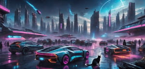 photograph, photorealistic, ultrarealistic, 8k, high res, masterpiece, cyberpunk city far in the future, grungy elements, people in high tech clothes, flying cars, neon lights, cat laying on a roof of car, nebula visible in night sky