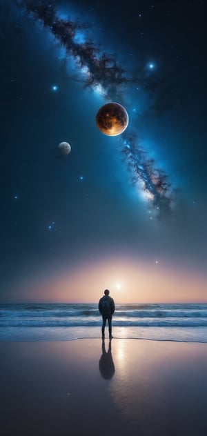 high res, photograph, photorealistic, hyperealistic, hyperealistic, 4k, 8k, nikon, standing on a beach in the future, starting into night sky, stars, planets, nebulae, 2 moons 