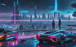 photograph, photorealistic, ultrarealistic, 8k, high res, masterpiece, cyberpunk city far in the future, grungy elements, people in high tech clothes, flying cars, neon lights, cat laying on a rooftop