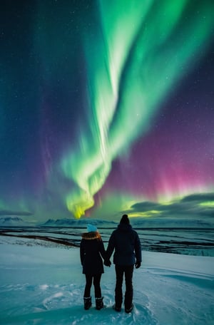 couple standing in the snow in Iceland watching the Aurora borealis, night time, winter clothing, holding hands,