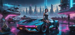 photograph, photorealistic, ultrarealistic, 8k, high res, masterpiece, cyberpunk city far in the future, grungy elements, people in high tech clothes, flying cars, neon lights, [cat laying on a rooftop], sexy woman leaning on car