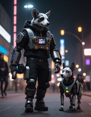 Closeup photo of a cyberpunk badger in night city holding a walkie-talkie and walking a (((robot-dog)))