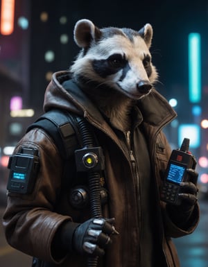 Closeup photo of a cyberpunk badger in night city holding a walkie-talkie
