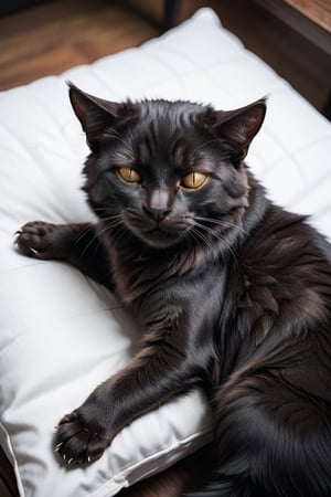 a cute black cat, sleeping, laying on pillow on top of table,