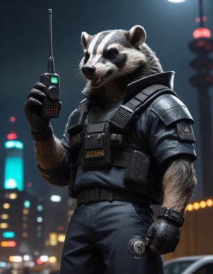 Closeup photo of a cyberpunk angry badger in night city holding a walkie-talkie, prc152, standing next to a satellite dish