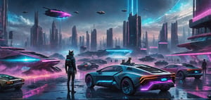 photograph, photorealistic, ultrarealistic, 8k, high res, masterpiece, cyberpunk city far in the future, grungy elements, people in high tech clothes, flying cars, neon lights, cat laying on a roof of car, nebula visible in night sky