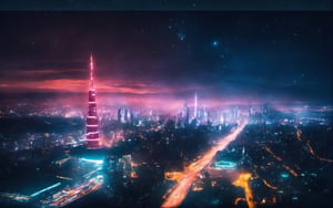 RAW photograph, shot with Canon6D Mark 2, 50mm Nikon, photorealistic, ultrarealistic masterpiece, high contrast, high resolution, best quality, hyperealistic

overhead shot of a ((futuristic)) city skyline at night, ((neon lighting)), starry clear night, giant creature off in the distance, 