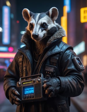 Closeup photo of a cyberpunk badger in night city holding a radio