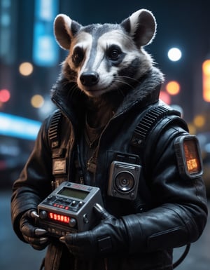 Closeup photo of a cyberpunk badger in night city holding a radio