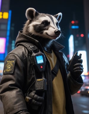 Closeup photo of a cyberpunk badger in night city holding a walkie-talkie