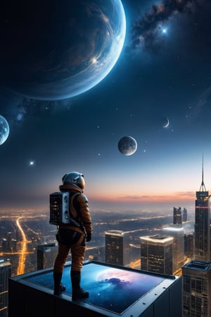 high res, photograph, photorealistic, hyperealistic, hyperealistic, 4k, 8k, nikon, standing on the roof of a skyscraper in the future, starting into night sky, stars, planets, nebulae, 2 moons 