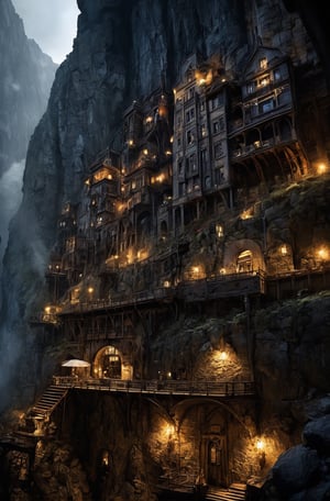 steampunk city built into the side of a mountain, vast, high ceilings, gritty, (dimly lit), noir, masterpiece