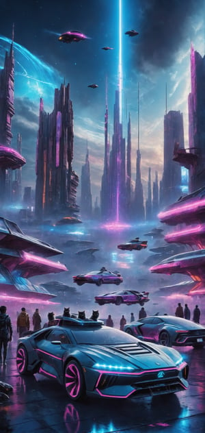 photograph, photorealistic, ultrarealistic, 8k, high res, masterpiece, cyberpunk city far in the future, grungy elements, people in high tech clothes, flying cars, neon lights, cat laying on a roof of car, nebula visible in night sky