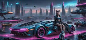 photograph, photorealistic, ultrarealistic, 8k, high res, masterpiece, cyberpunk city far in the future, grungy elements, people in high tech clothes, flying cars, neon lights, [cat laying on a rooftop], woman driver leaning on car