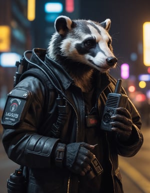 Closeup photo of a cyberpunk badger in night city holding a walkie-talkie