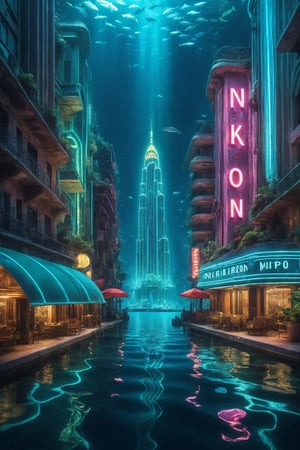 high res, photograph, photorealistic, hyperealistic, hyperealistic, 4k, 8k, nikon, 

underwater art deco city, neon lights, sea life, metropolis 